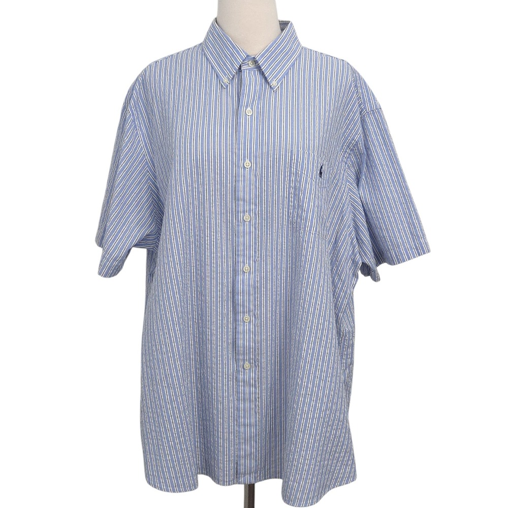 Ralph Lauren Seersucker Blue White Striped Button Down Short Sleeve Shirt- XXL